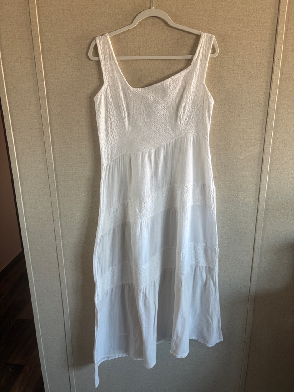 Vintage Dunes White Cotton Dress M Asymmetric Boho Cottagecore Vacation Milkmaid